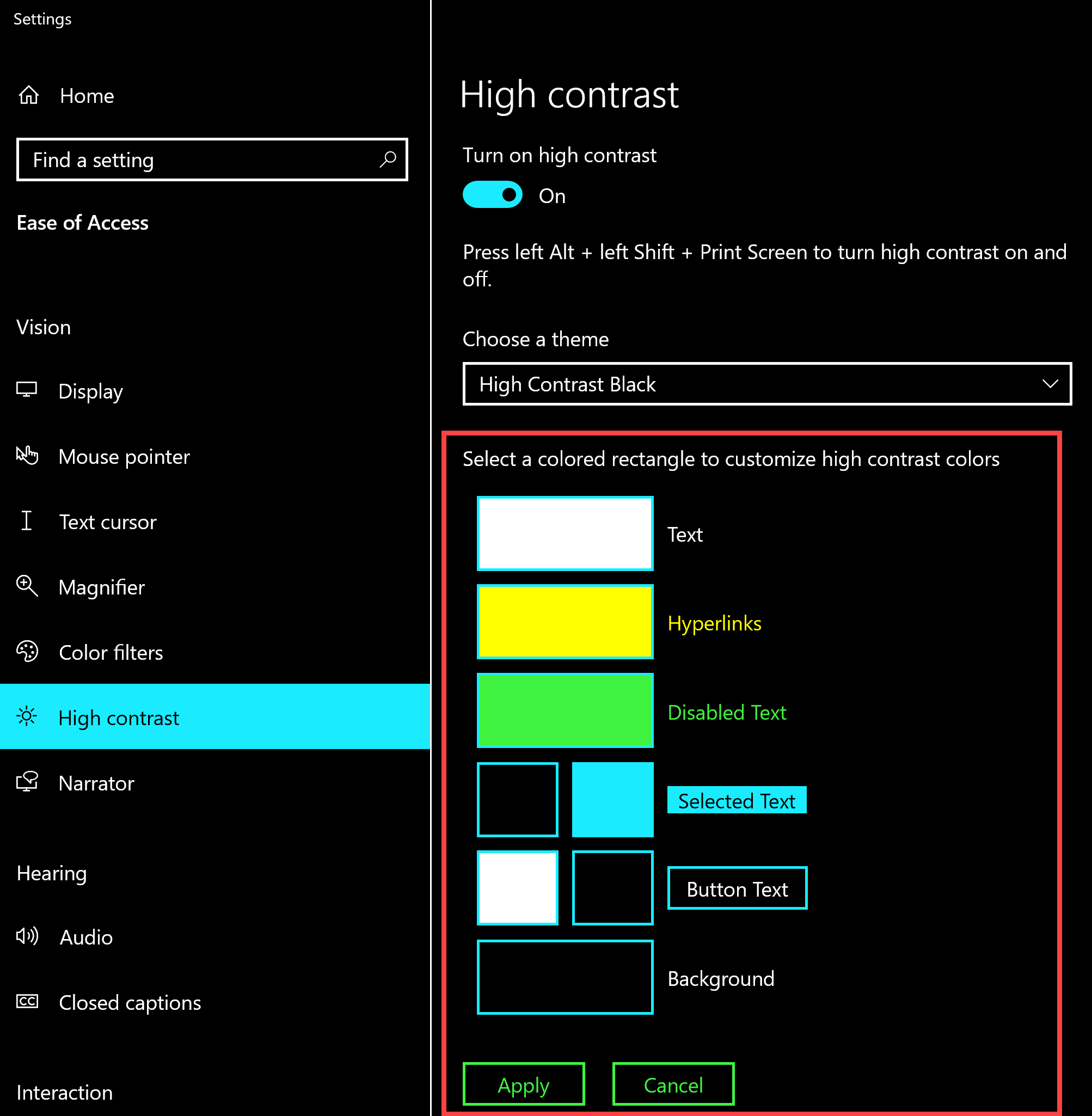 The High Contrast settings in Windows Ease of Access Center